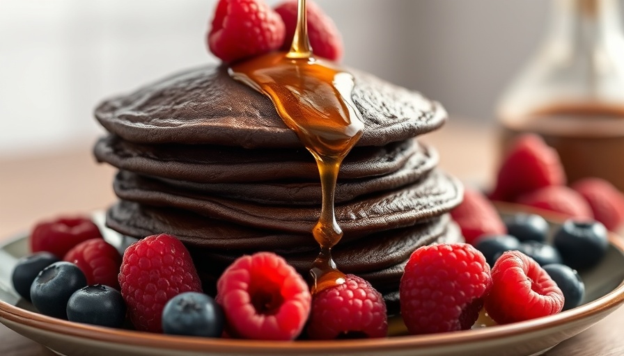 Stack of chocolate pancakes with fresh berries and syrup for Weekly Healthy Recipe Challenge.