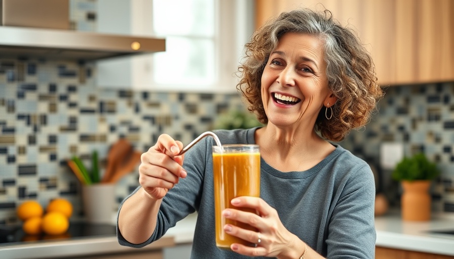 Smiling older woman in kitchen pouring smoothie, promoting protein helps muscle loss in adults with type 2 diabetes.