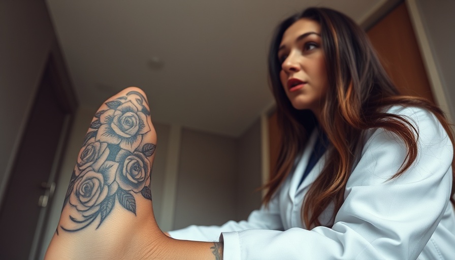 Diabetic foot care guidance by a doctor reacting to tattooed leg.