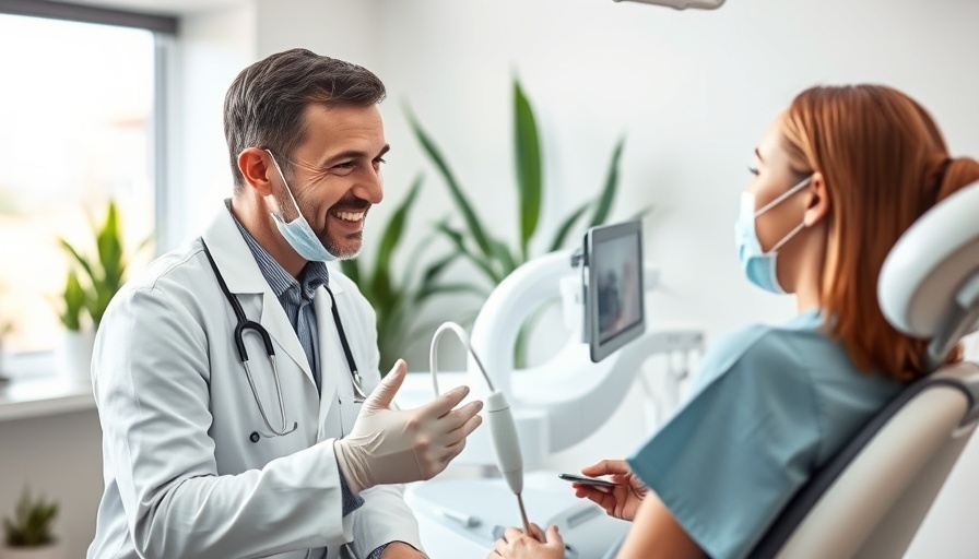 Dental care consultation with dentist explaining treatment.