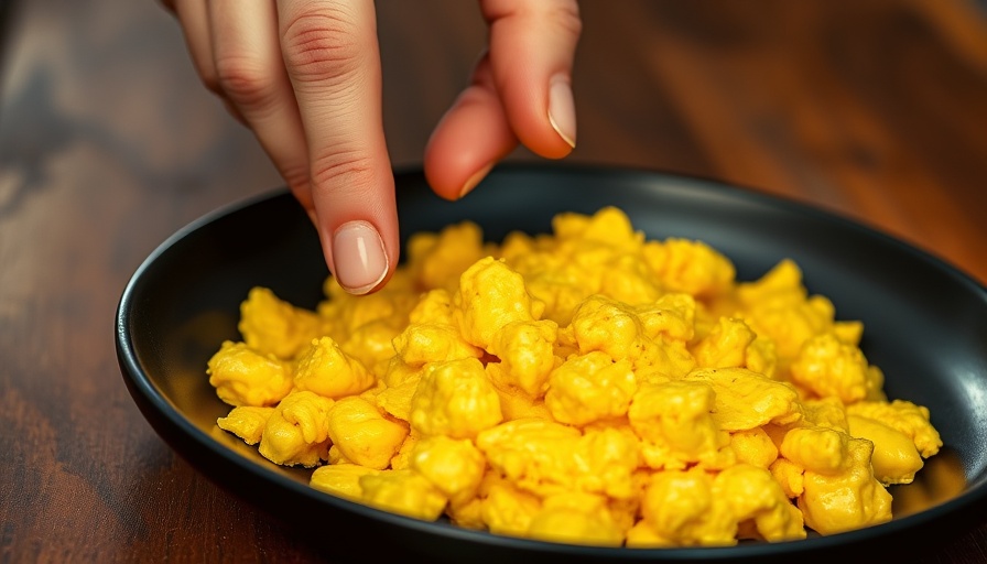 Low carb breakfast with scrambled eggs on dark plate.