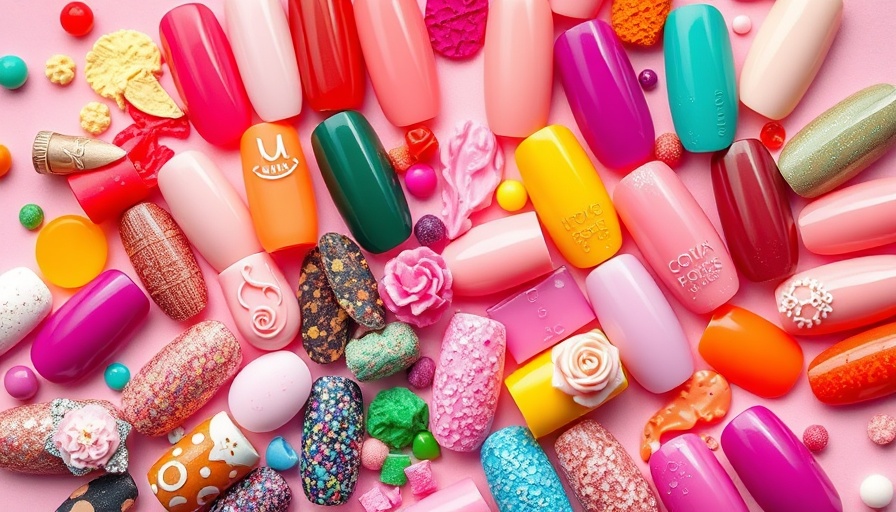 Array of colorful nail polish samples on pink background, nail health myths.
