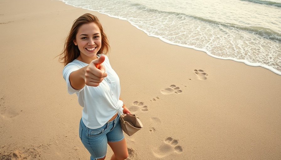 Young woman discusses Morton's foot health on sandy beach with footprints.