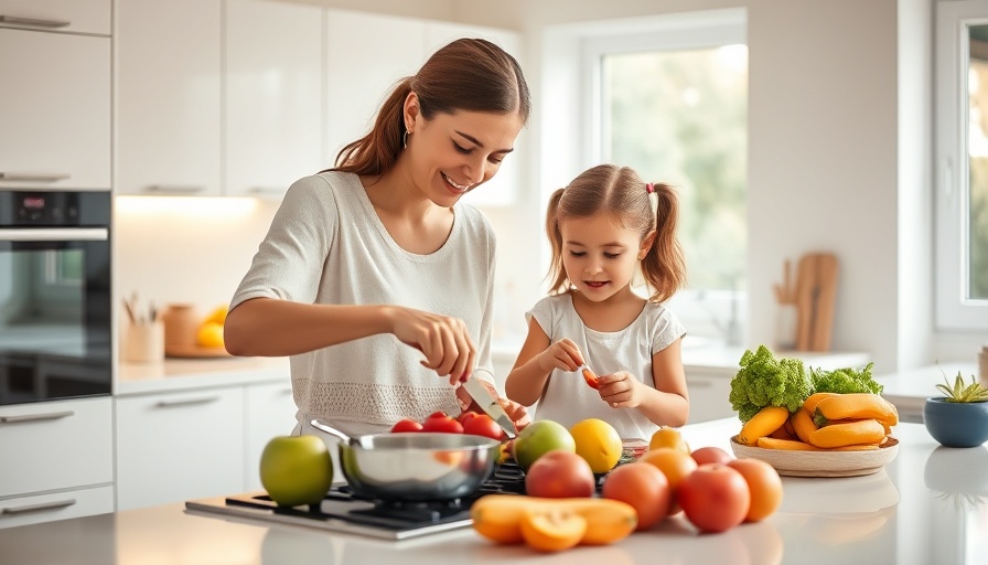 Mother and child using a gas stove in a modern kitchen.