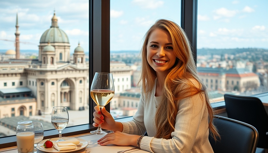 Young woman enjoying cityscape view from a restaurant.