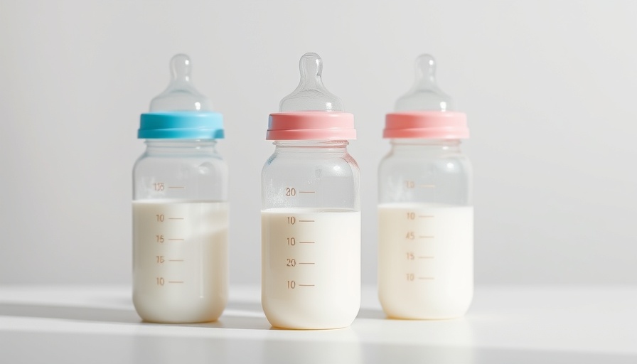 Three baby bottles with milk on a white surface for FDA infant formula review.