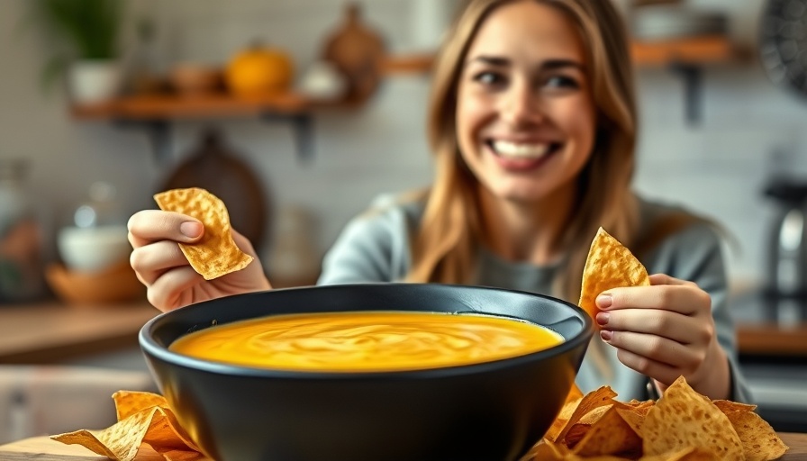 High protein queso in a black bowl with tortilla chips served by a smiling woman.