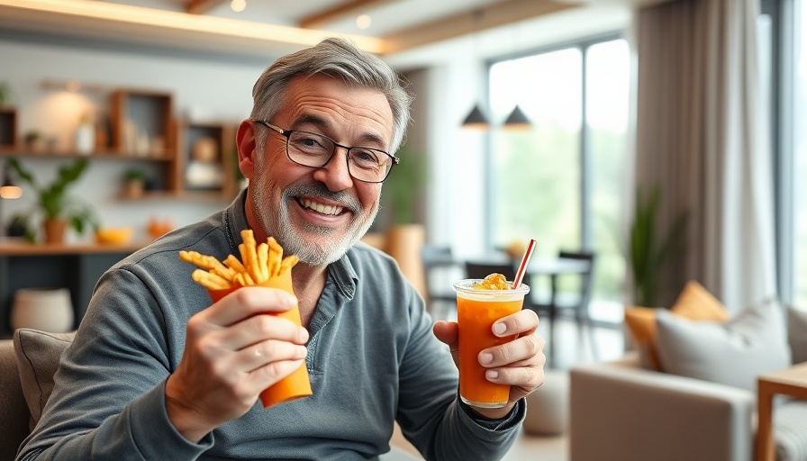 Middle-aged man enjoying fast food on a couch, representing sedentary lifestyle risk.