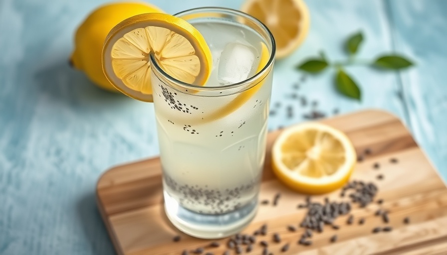 Refreshing chia seeds and lemon water on blue background.