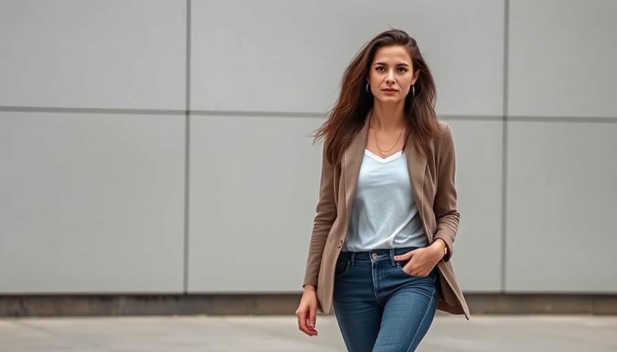 Woman walking briskly in an urban setting, casual style.