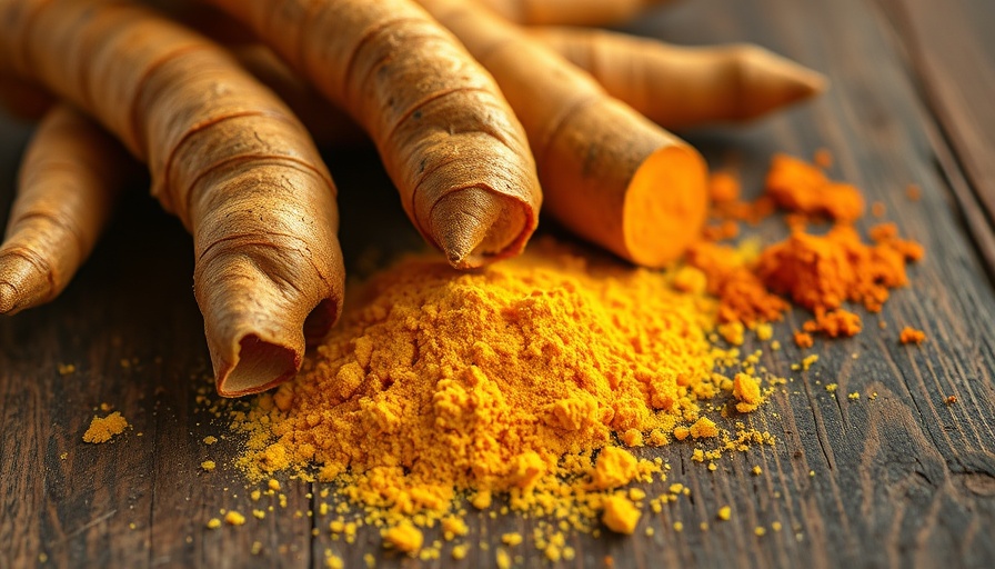 Turmeric roots and powder on a rustic wooden surface.