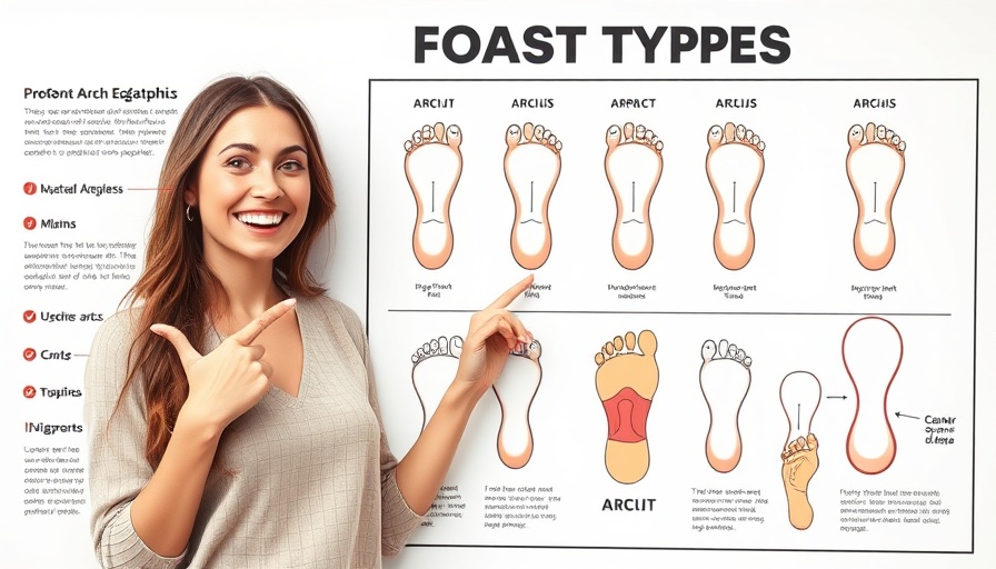 Instructive infographic on best shoes for foot pain, featuring foot arch diagrams and a smiling expert.