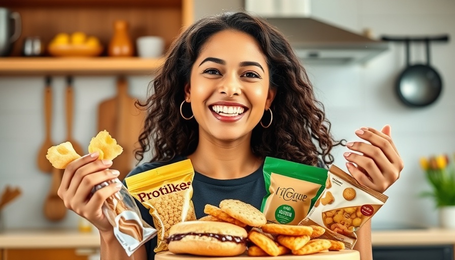 Woman showcasing high protein snacks on kitchen counter.