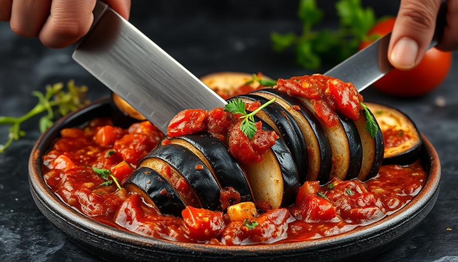 Healthy snacks with eggplant on a rustic plate.