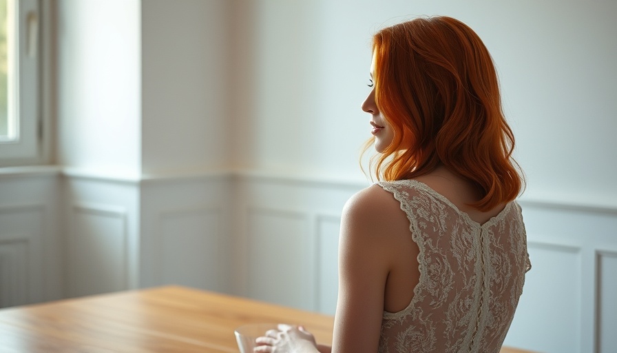 Young woman with red hair sitting at a table, hormonal dementia risk factors discussion.