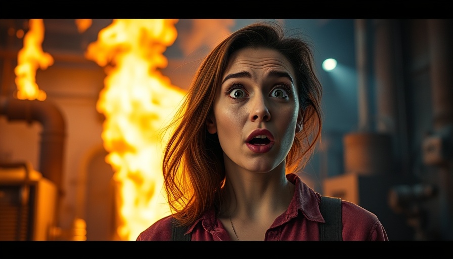 Comical image of a woman reacting humorously to fiery scene as metaphor.