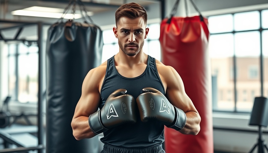 Athletic man with boxing gloves in a gym showing fitness motivation.
