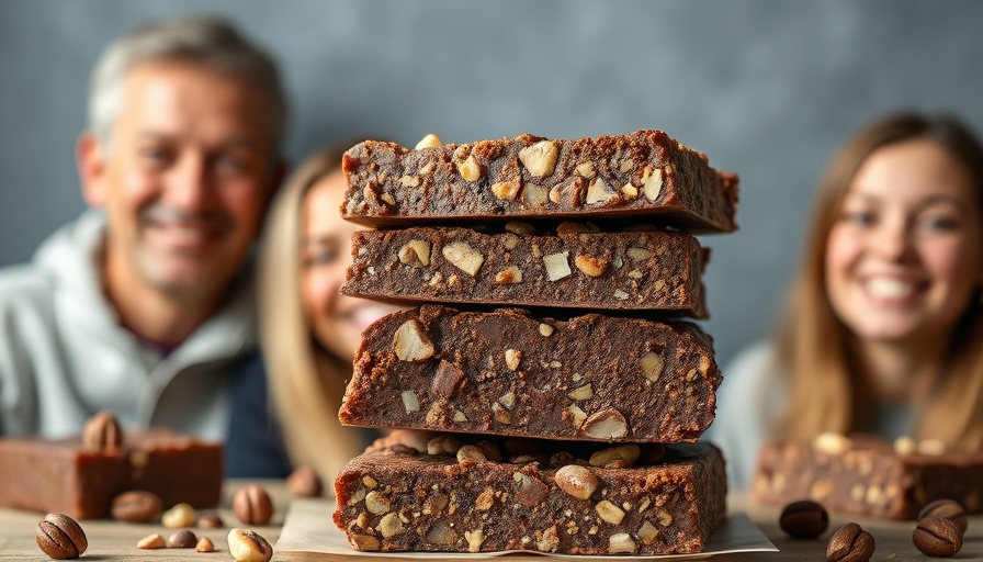 Healthy snacks: no-bake chocolate nut bars with smiling people.