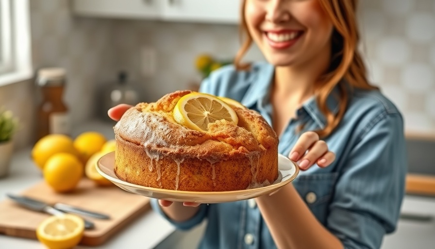 Low carb lemon pound cake being presented in a kitchen.