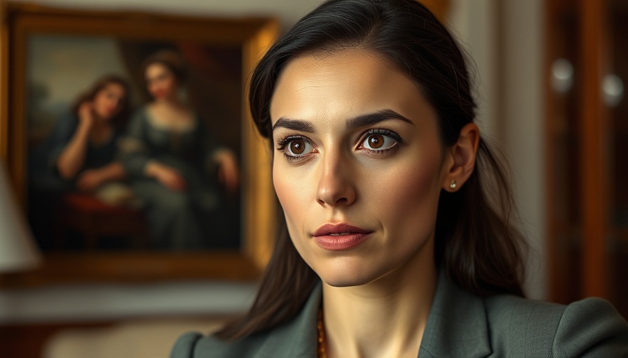 Professional woman considering foot pain relief options against painting backdrop