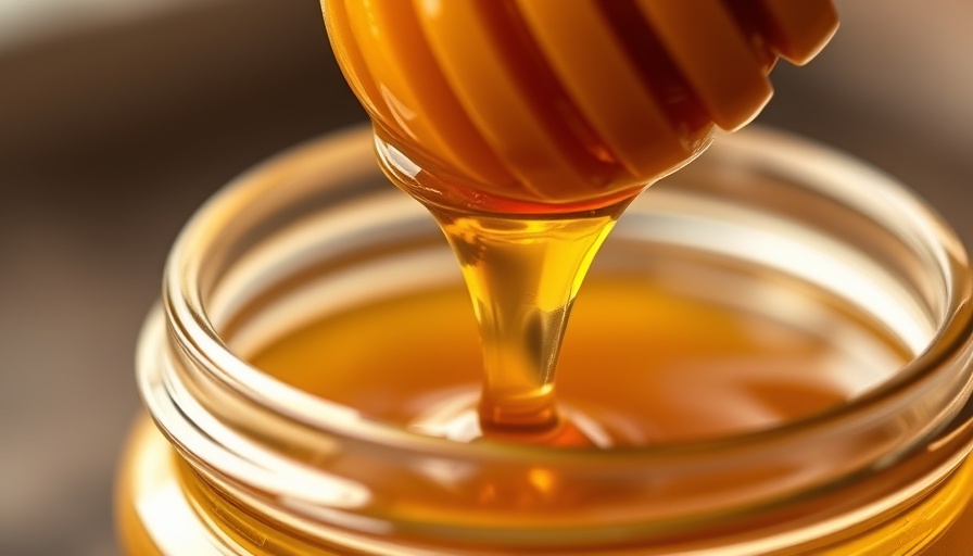 Golden honey drips from a dipper into a glass jar