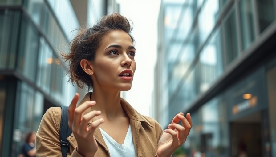 Young woman discussing sugary snacks confidently outside.