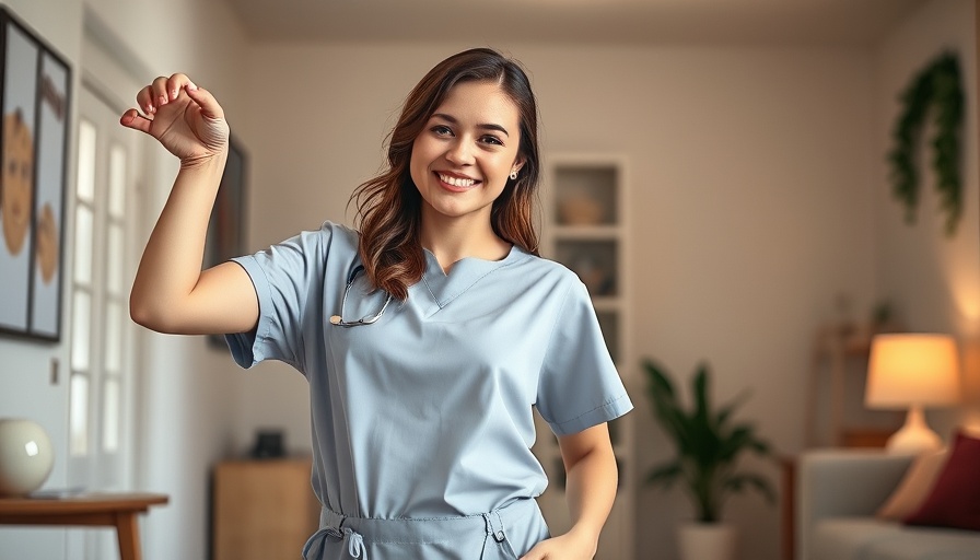 Humorous young woman in scrubs discussing bunion treatment indoors.
