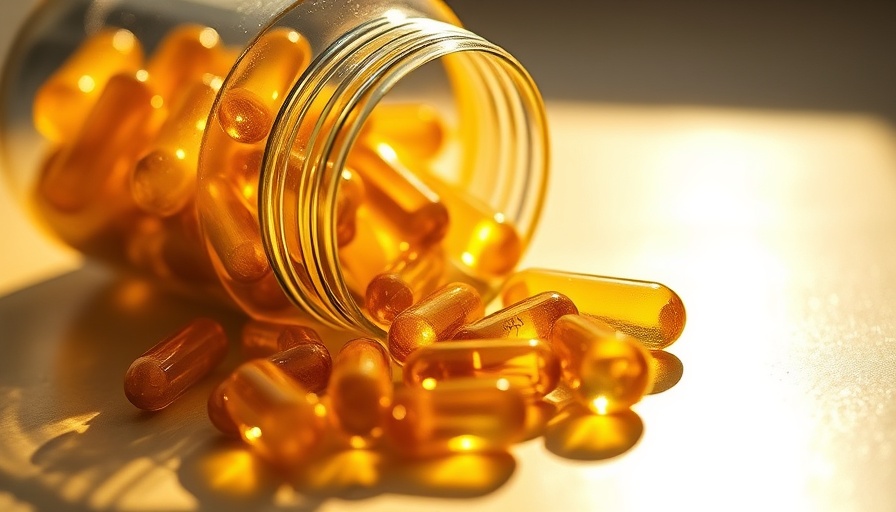 Amber vitamin D supplements in a clear bottle casting warm reflections.