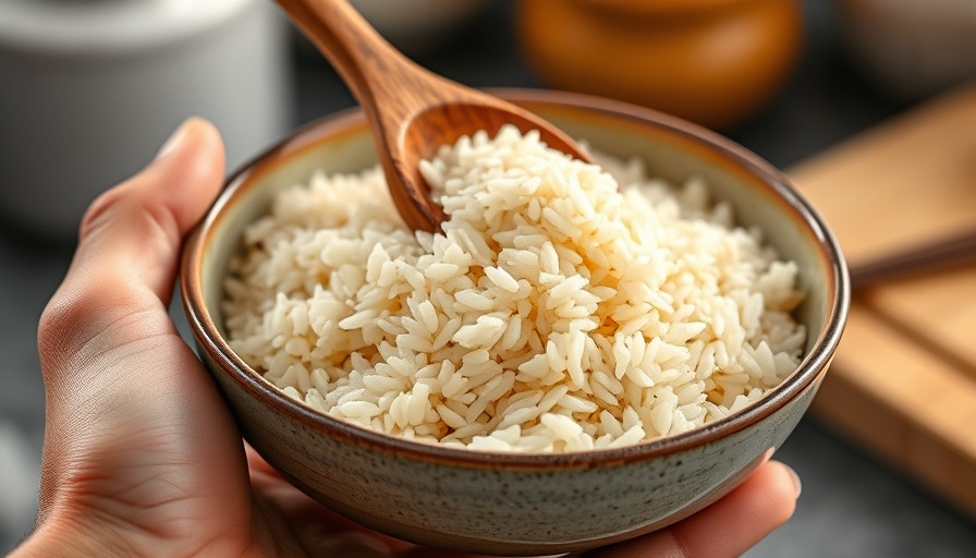 Close-up of a hand holding a bowl of rice; arsenic in rice discussion.