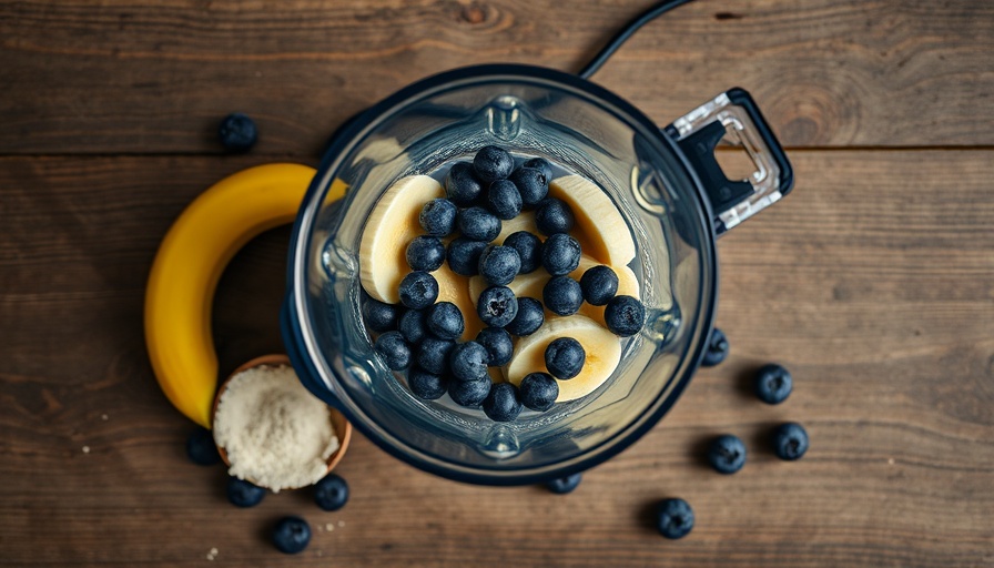 Blender with whey protein, blueberries, bananas for metabolic health.