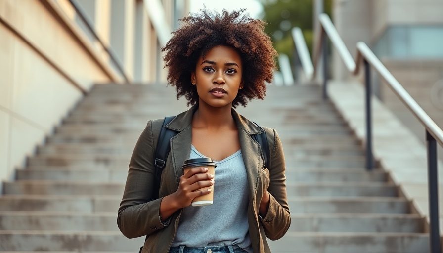 Confident woman walking upstairs in urban setting, holding coffee.