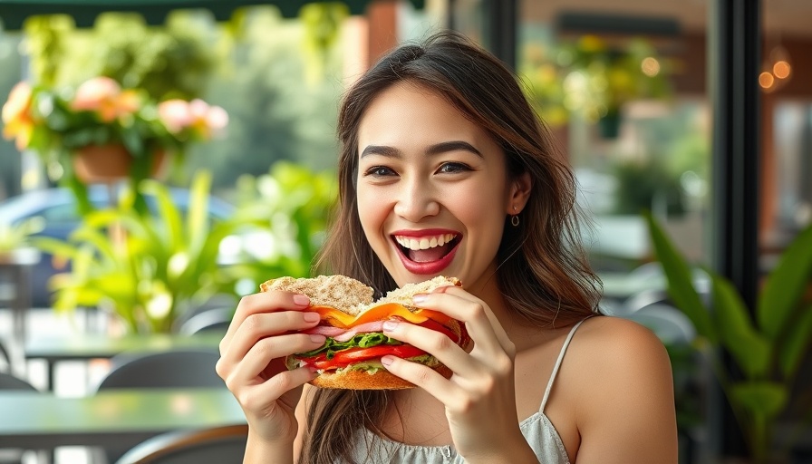 Woman eating sandwich outdoors, riskiest foods to eat right now.
