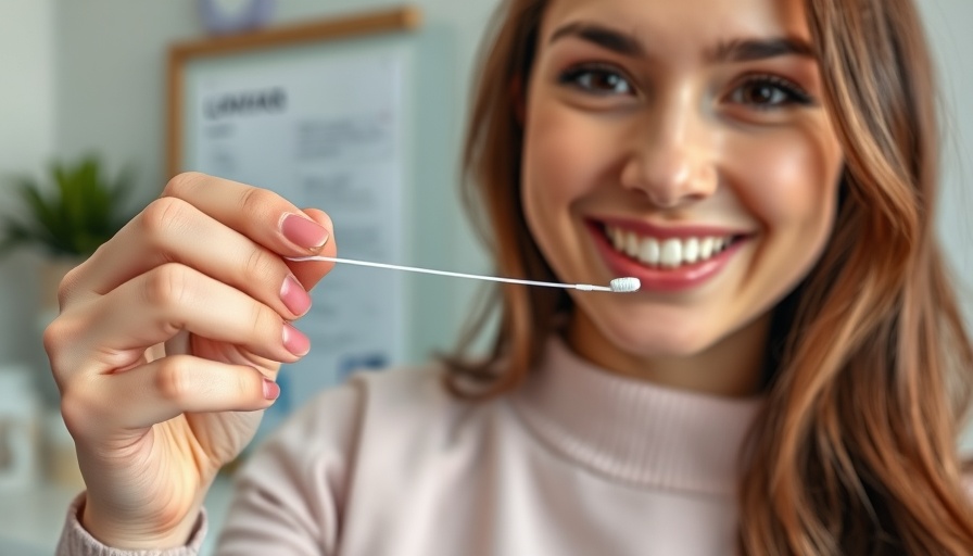 Woman promoting flossing teeth to reduce stroke risk, health info.