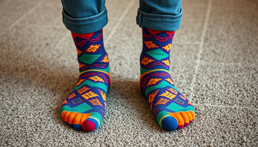 Foot peeling masks themed image with playful socks on carpet.
