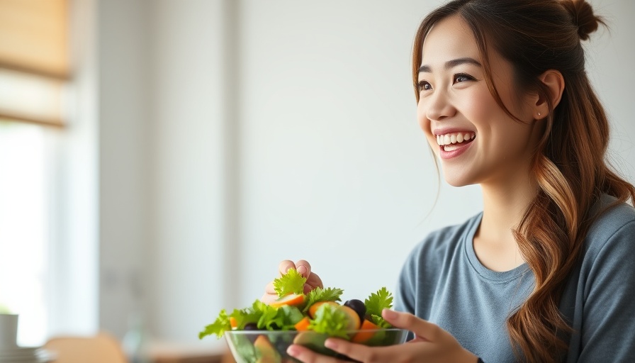 Young woman eating salad, smiling brightly, highlighting Mediterranean diet benefits.
