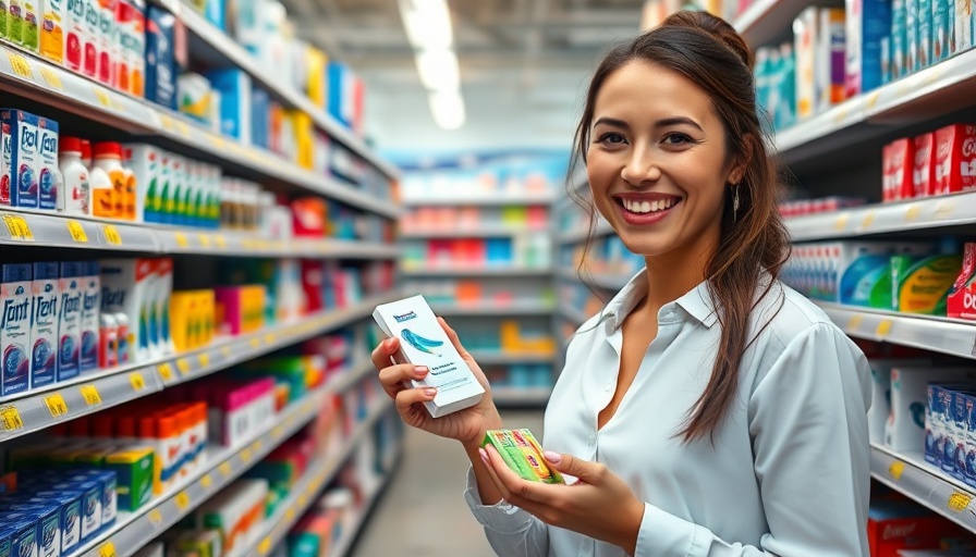 Woman shopping for dental products in store aisle.