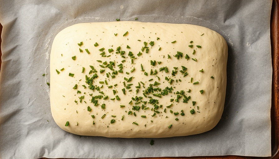 Dough on parchment with herbs on baking tray, high protein diet.