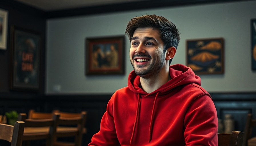 Person in red hoodie with humorous expression, indoor setting.