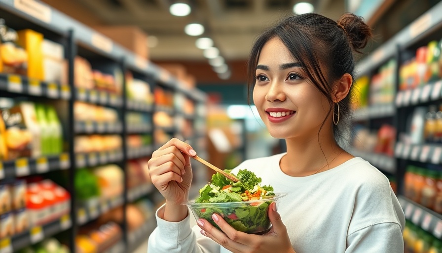 Young woman enjoying a salad from a plastic container in a grocery store, showcasing microplastics and mental health.