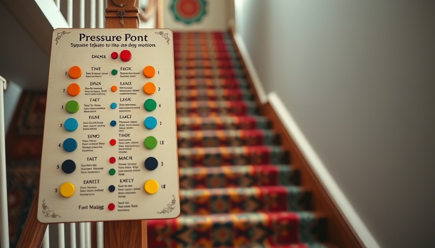 Colorful pressure point board for foot pain relief on stairs.