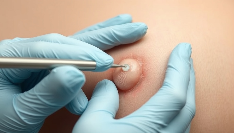 Skin rash diagnosis procedure close-up with cyst examination.