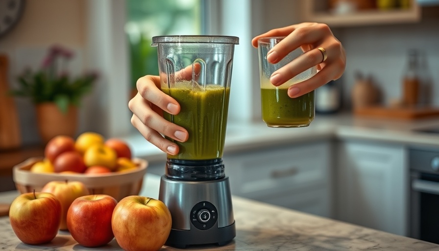 Person using blender for green smoothie, apples in kitchen.