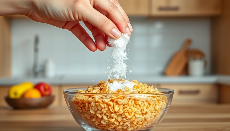 Sugar being poured over cornflakes in a kitchen.