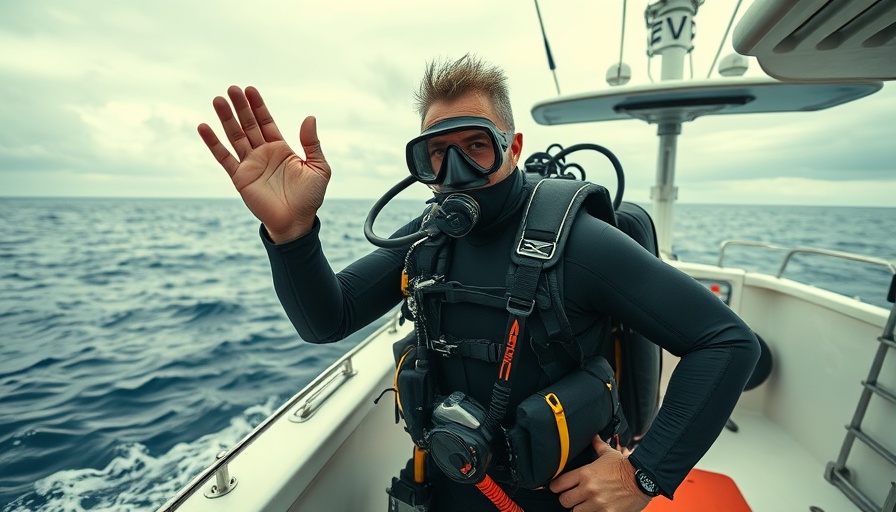 Scuba diver on boat preparing to dive with overcast skies.