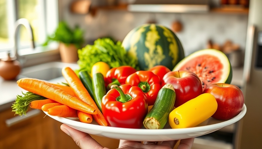 Colorful plate of fresh fruits and vegetables for fibermaxxing.