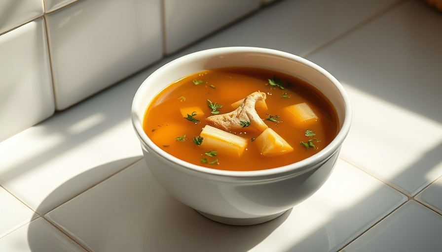 Bone broth in ceramic bowl on a sunlit tile surface.