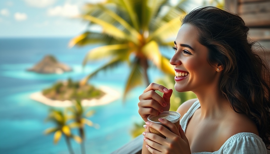 Woman enjoying coffee with ocean view, highlighting the mental health benefits of outdoor adventures.