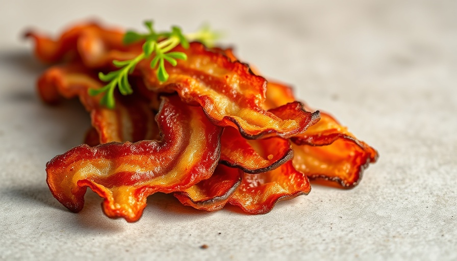 Crispy plant-based bacon strips on neutral background.