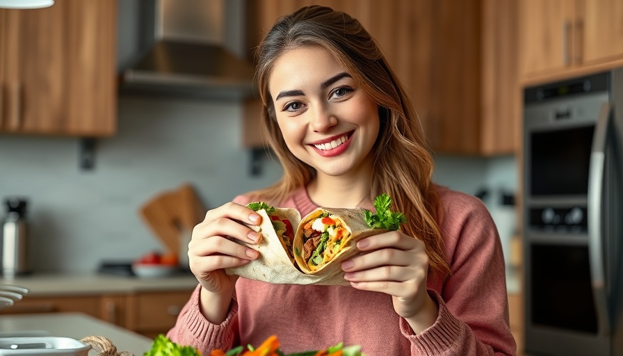 Young woman enjoying healthy meals with leftovers in a modern kitchen.