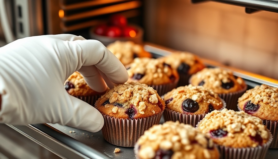 Freshly baked muffins in oven, promoting healthy eating.